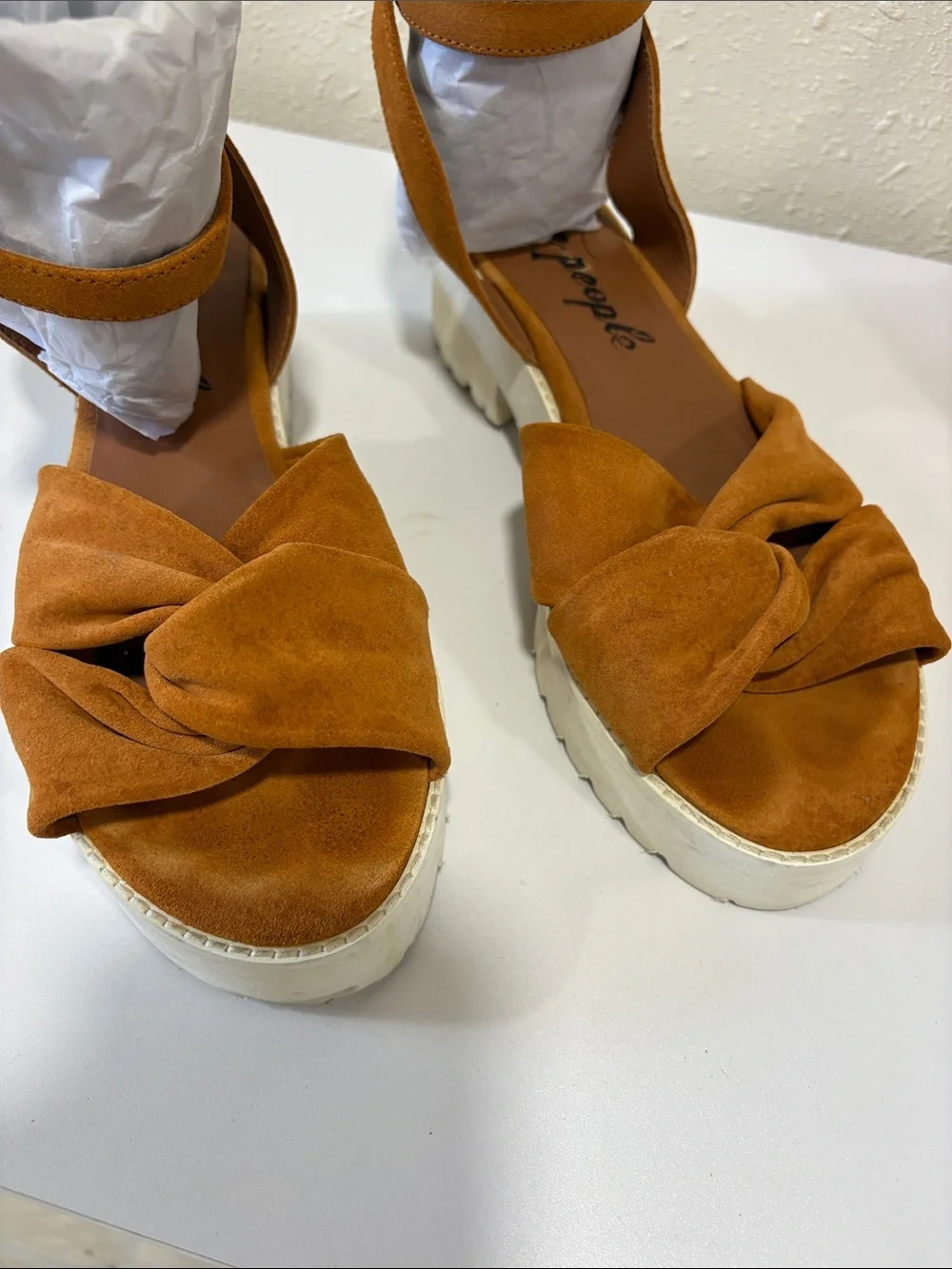 Free People Twisted Suede Ankle-Strap Platform Sandals - Rust Brown